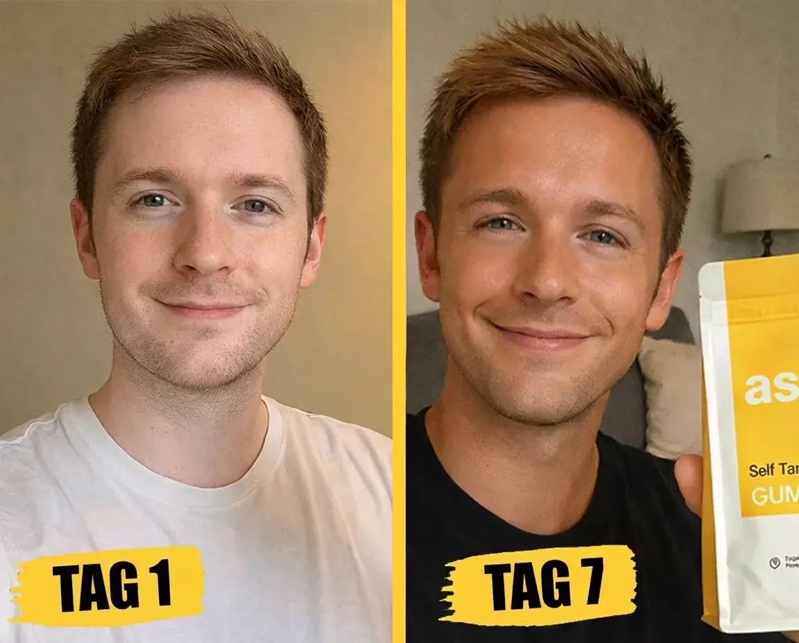 A before and after photo of a man showcasing a self-tanning product, with the left side showing his natural skin tone and the right side showing his skin after using the product