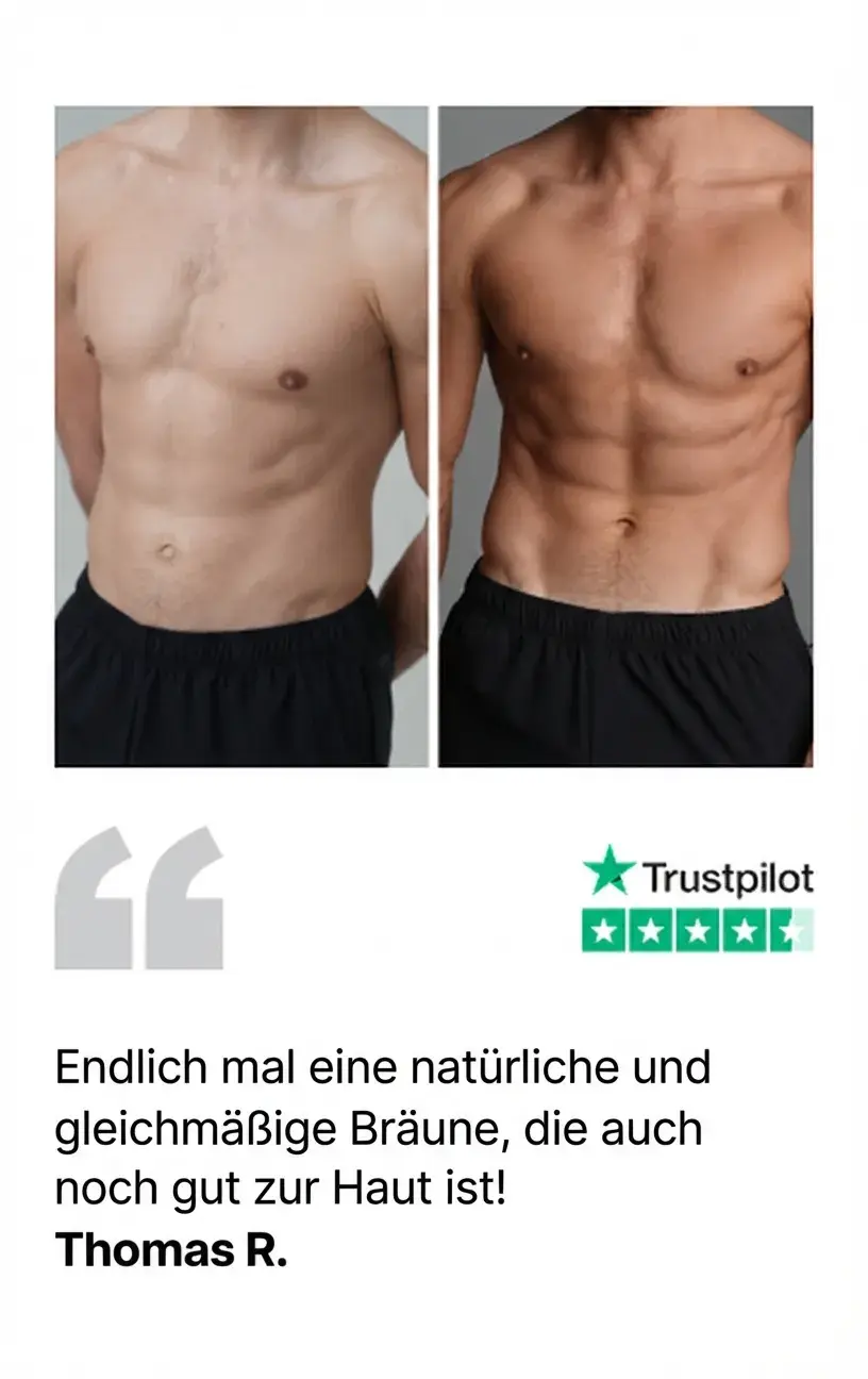 A split image of a man's torso, showing his bare chest and abdomen before and after a tanning treatment, with visible muscle definition and a noticeable change in skin tone