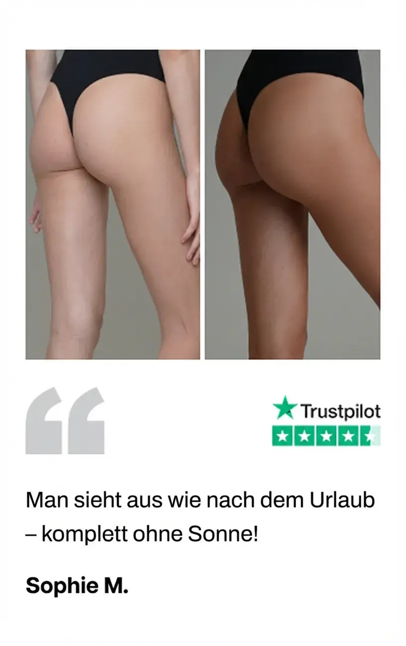 Two side-by-side photos of a woman's lower body and legs in black underwear, showing the difference in skin tone, likely demonstrating a self-tanning product