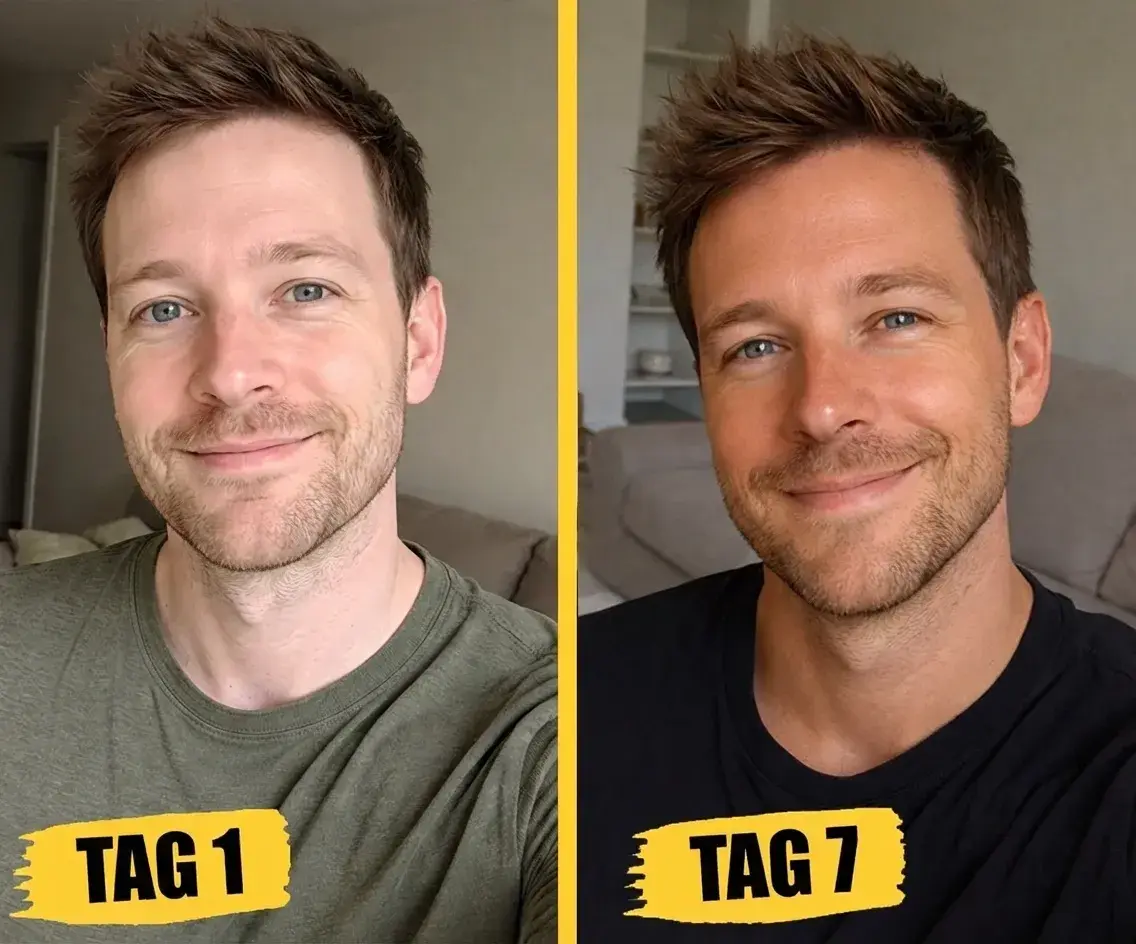 A split-screen image of a smiling man wearing two different shirts, one green and one black