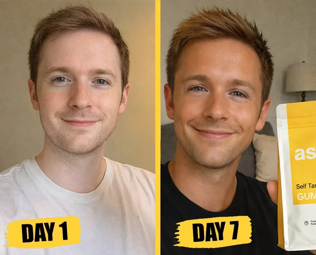 A before and after photo of a man showing the effects of a self-tanning product, with a noticeable change in skin tone from day 1 to day 7