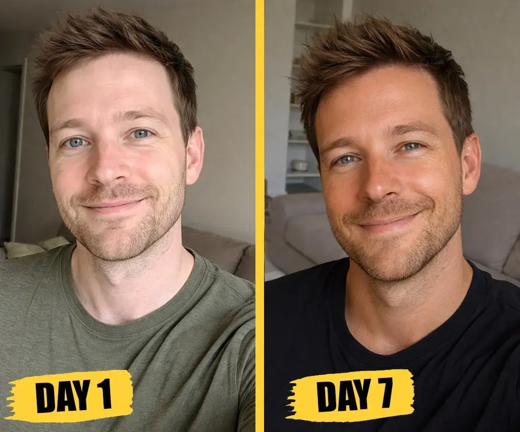 A split-screen image of a man showing his face on day 1 and day 7, with a noticeable change in facial hair