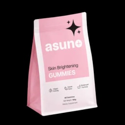 A pink and white bag of Asuno Skin Brightening Gummies, a vegan friendly, sugar free, cruelty free dietary supplement