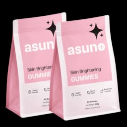 Two pink and white bags of Asuno Skin Brightening GUMMIES, a vegan friendly dietary supplement for skin brightening
