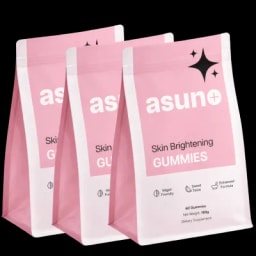 Three pink and white bags of Asune Skin Brightening Gummies, a vegan friendly, sweet taste, and cruelty free dietary supplement