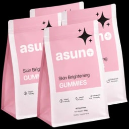 Three pink and white bags of Asuno Skin Brightening GUMMIES, a vegan friendly dietary supplement for skin brightening