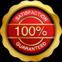 A gold and red satisfaction guarantee badge with 100% in the center