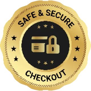 A gold and black badge with a credit card and padlock icon, surrounded by stars, labeled 'SAFE & SECURE CHECKOUT'