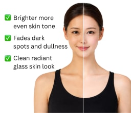 A woman's face and neck shown side by side, with the left side having darker spots and the right side looking smoother and brighter. Text on the left lists benefits: Brighter more even skin tone, Fades dark spots and dullness, Clean radiant glass skin look.