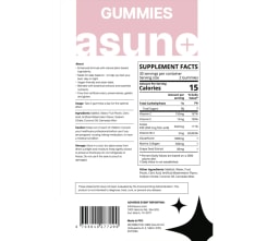 Back label of Asuno gummies supplement packaging, listing nutrition facts, ingredients, usage, and warnings.
