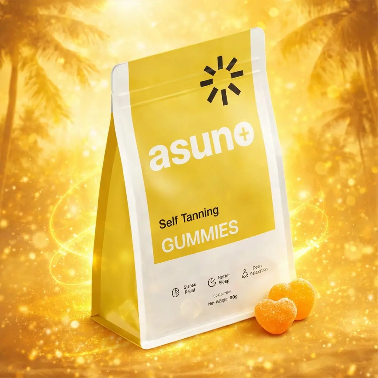 A bag of Asuno self-tanning gummies with a yellow and white packaging, featuring a sun logo and text describing benefits like stress relief, better sleep, and deep relaxation, with two orange gummies in front, set against a golden background with palm trees
