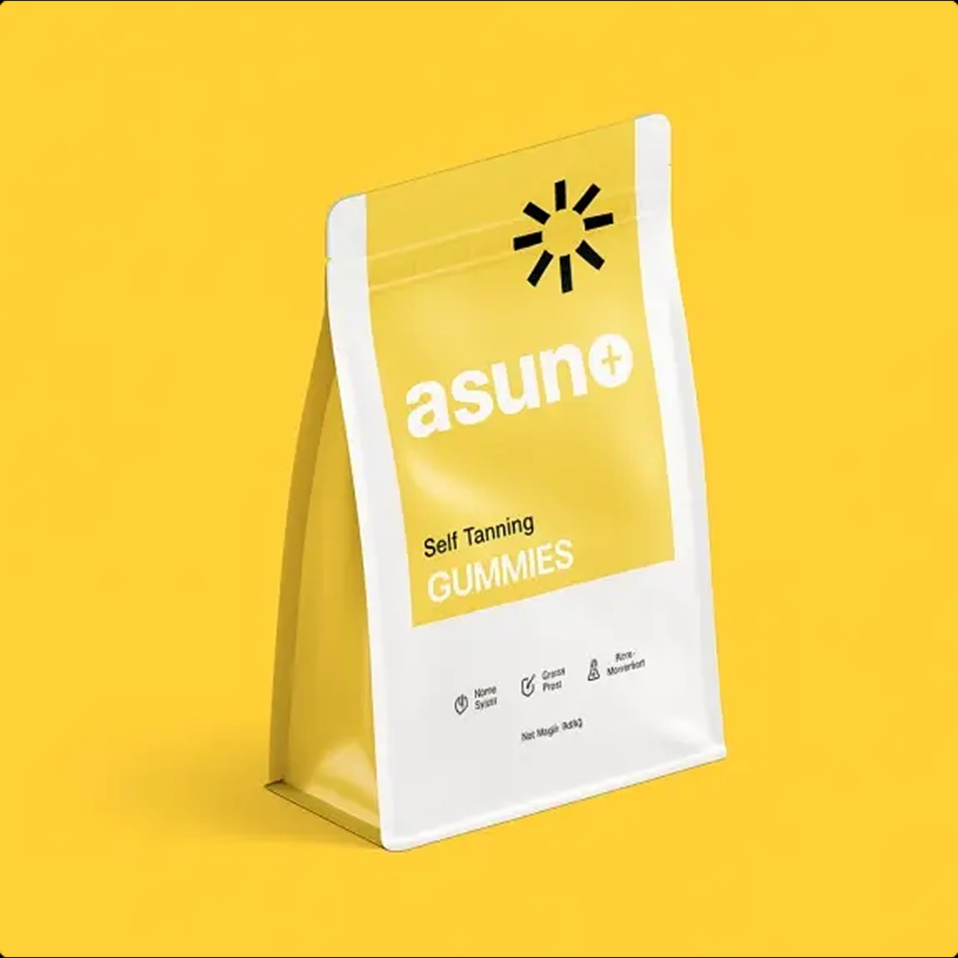 A yellow and white stand-up pouch of Asuno Self Tanning Gummies on a yellow background