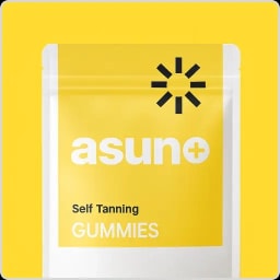 A yellow and white package of Asuno+ Self Tanning Gummies, featuring a black sun logo