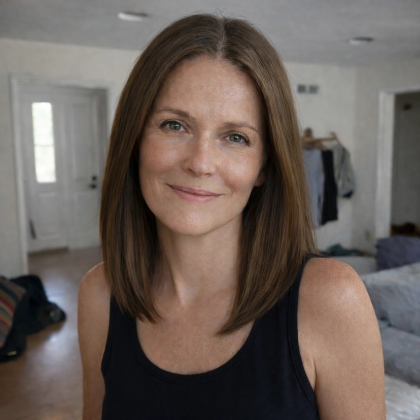 A middle-aged woman with brown hair and green eyes smiling at the camera, wearing a black tank top, standing in a room with a white door and a gray couch in the background.