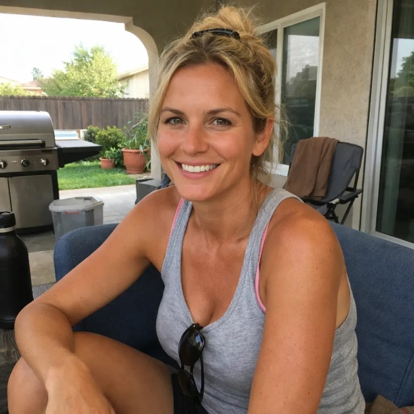A smiling woman with blonde hair sitting on a blue couch outside on a patio