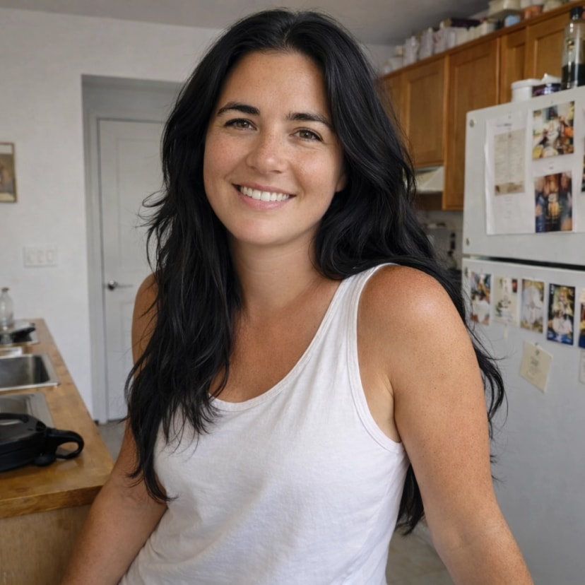 A smiling woman with long dark hair and a white tank top standing in a kitchen with a refrigerator and counter in the background