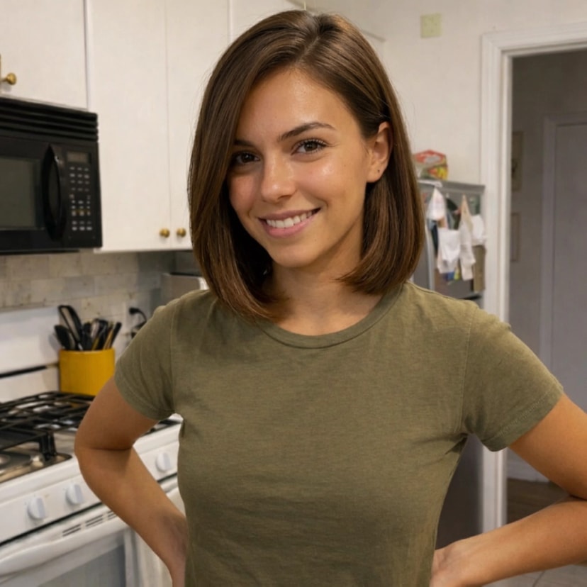 A smiling woman with brown hair and a green t-shirt standing in a kitchen with white cabinets and appliances