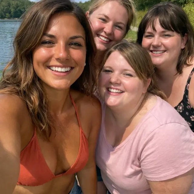 Four women smiling at the camera in front of a body of water, with trees in the background. The woman on the left wears a coral bikini top, the woman in front of her wears a pink t-shirt, the woman behind her wears a light-colored top, and the woman on the right wears a black floral top.