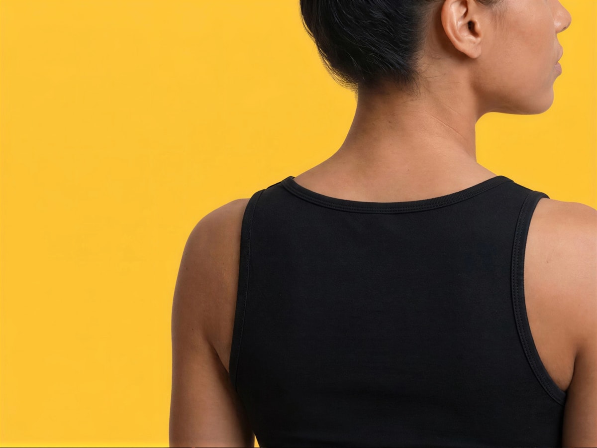 A woman with dark hair pulled back wearing a black tank top, viewed from behind against a yellow background