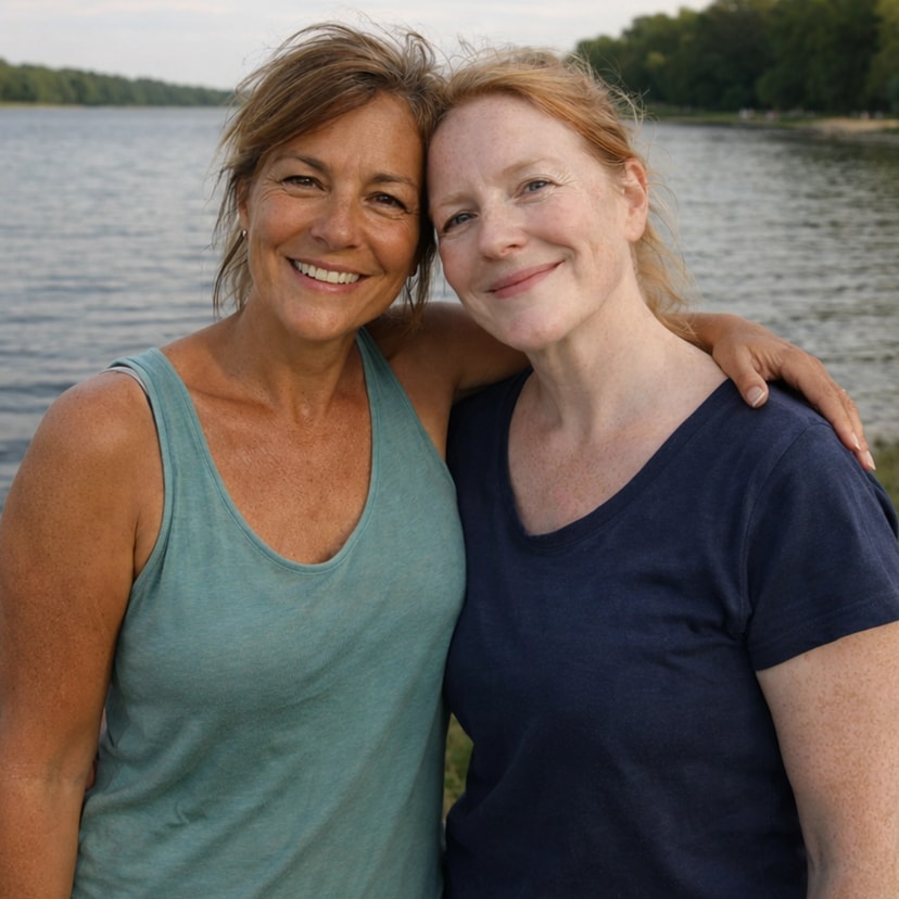 Two women standing together in front of a lake, one with brown hair and a green tank top, the other with blonde hair and a dark blue t-shirt, smiling at the camera