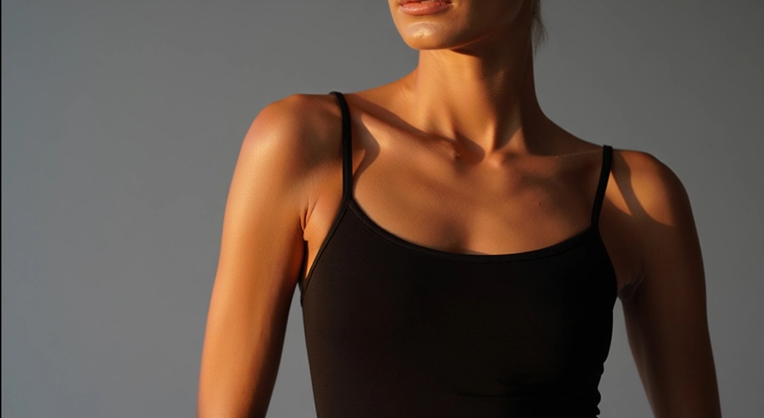 A woman wearing a black tank top, visible from the chest up, against a gray background