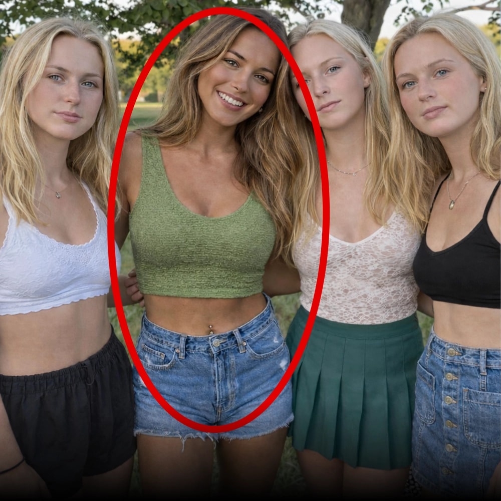 Four young women standing together outdoors, one highlighted in a red oval wearing a green tank top and blue jean shorts