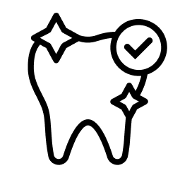 A black line drawing of a tooth with sparkles and a checkmark in a circle