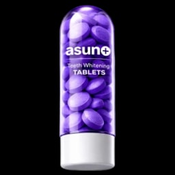 A bottle of Asun+ Teeth Whitening Tablets, containing purple tablets, with white text and cap on a plain white background