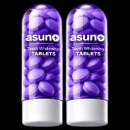 Two purple cylindrical containers of Asun Teeth Whitening Tablets, with transparent bodies showing purple tablets inside, against a white background.