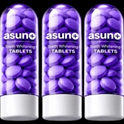 Three tubes of Asun+ Teeth Whitening Tablets, each containing purple tablets, with white caps and labels reading 'asun+ Teeth Whitening TABLETS'