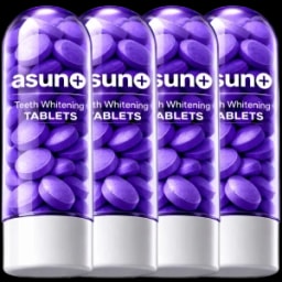 Four purple bottles of Asuna Sun Teeth Whitening Tablets, with white caps and labels featuring the product name and description