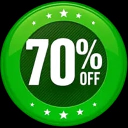 Green button with white text '70% OFF', surrounded by five small white stars and a larger star