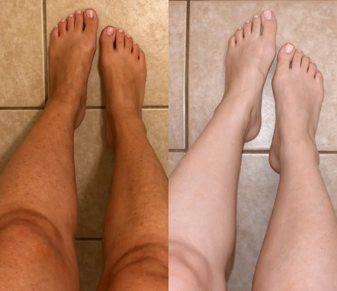 A person's legs before and after tanning, shown side by side, with the left pair having a darker skin tone and the right pair having a lighter skin tone, both on a tiled floor