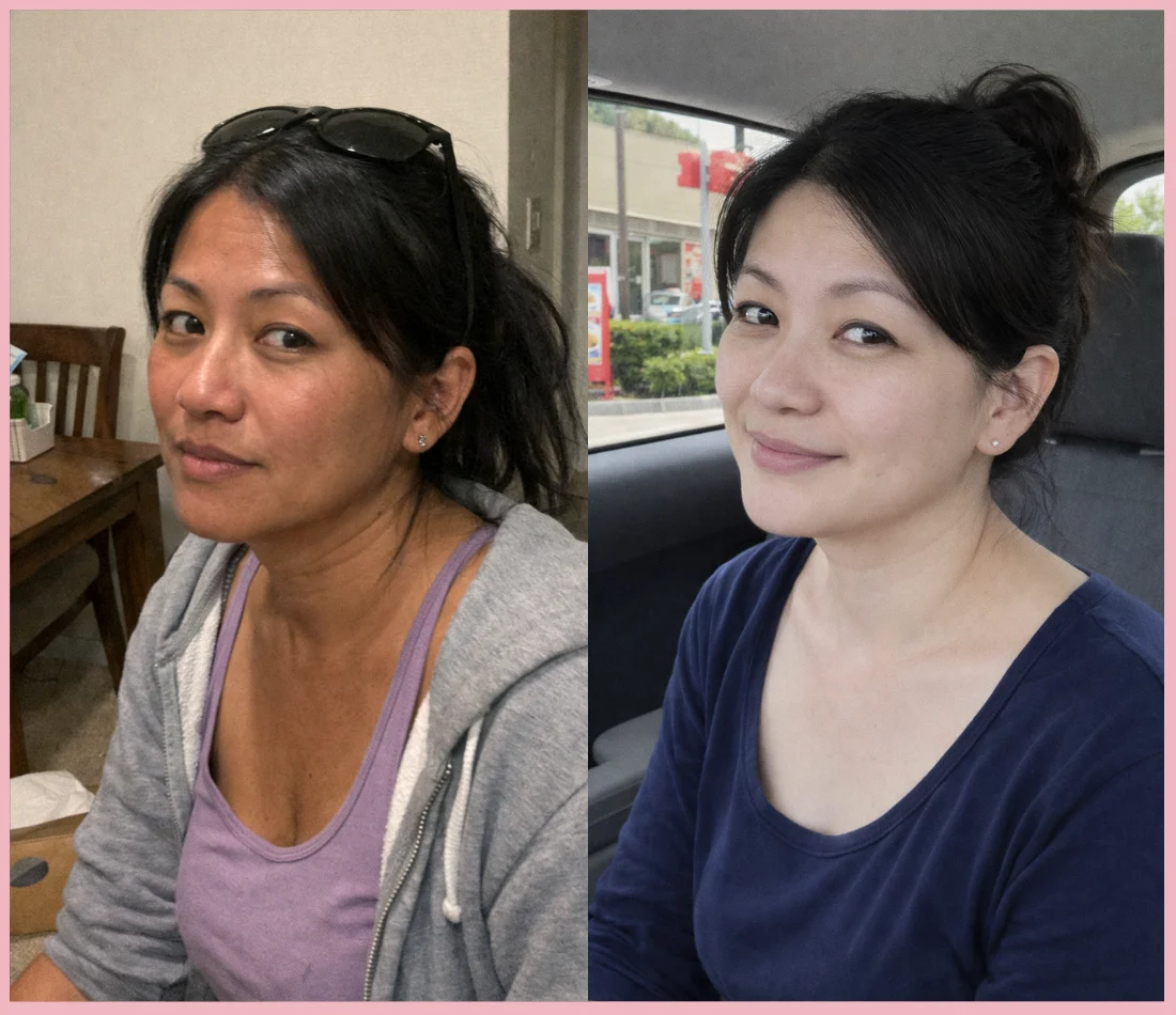 A before and after photo of a woman with and without makeup, showing her transformation