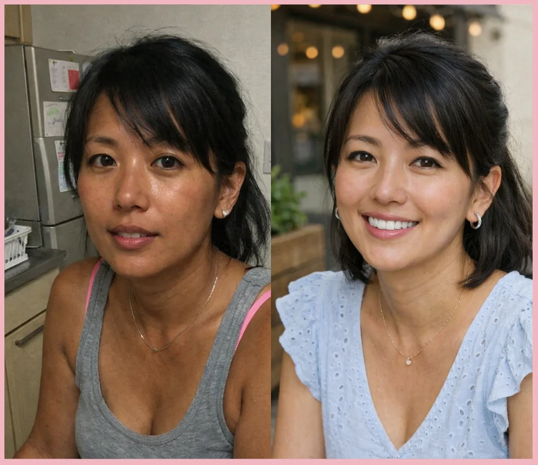 A woman with dark hair and a gray tank top on the left, and the same woman with dark hair and a light blue blouse on the right, smiling and wearing makeup