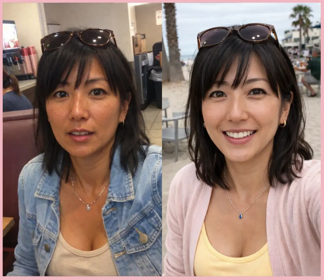A woman with dark hair and sunglasses on her head, shown in two different settings, one with a cafe background and the other with a beach background, wearing different outfits and expressions, before and after makeup