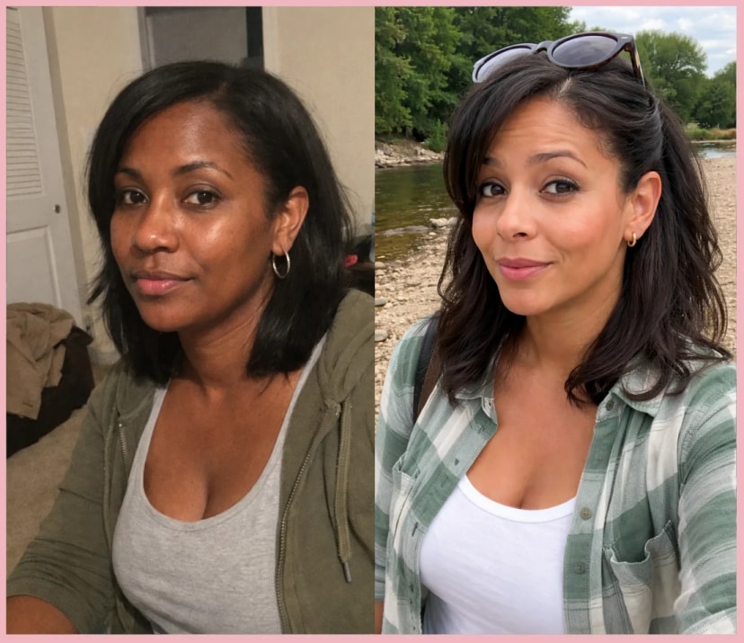 A collage of two photos of a woman, one without makeup and one with makeup, showing her transformation.