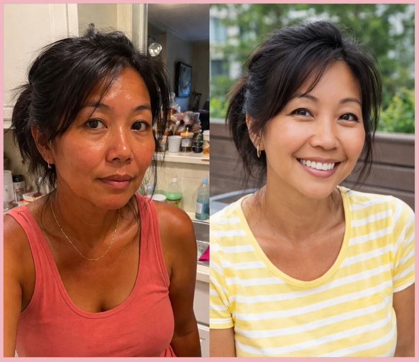 A split-screen photo of a woman with two different looks. On the left, she appears sweaty and natural, wearing a salmon-colored tank top, with a kitchen background. On the right, she is smiling, wearing a yellow and white striped shirt, with a blurred outdoor background.