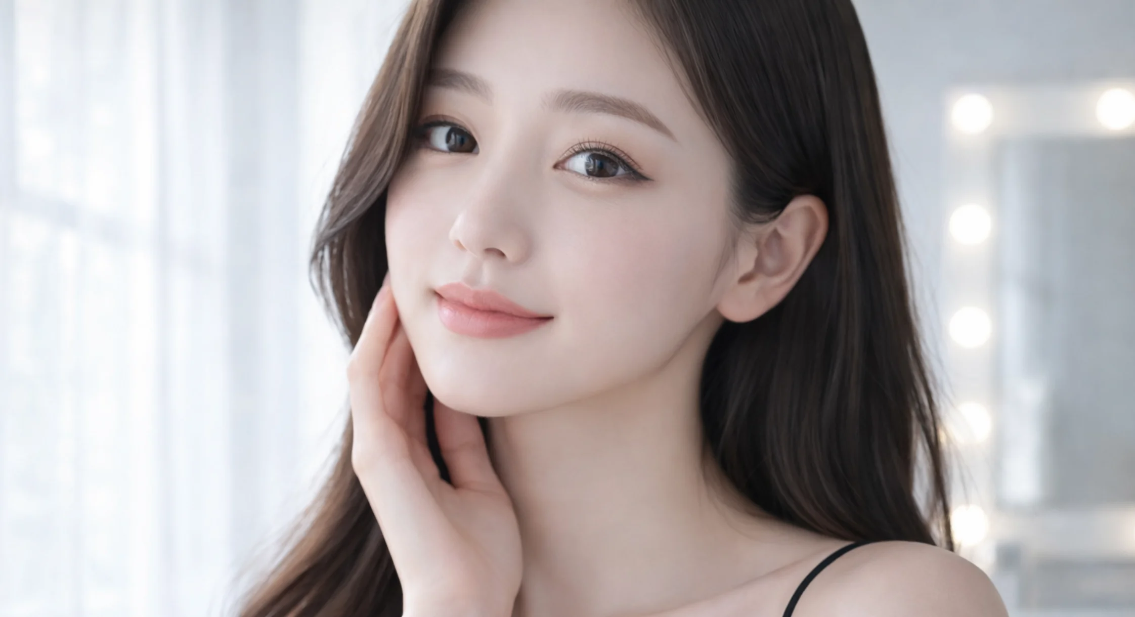 A young woman with long brown hair gently touches her cheek with her hand, looking directly at the camera with a soft expression.