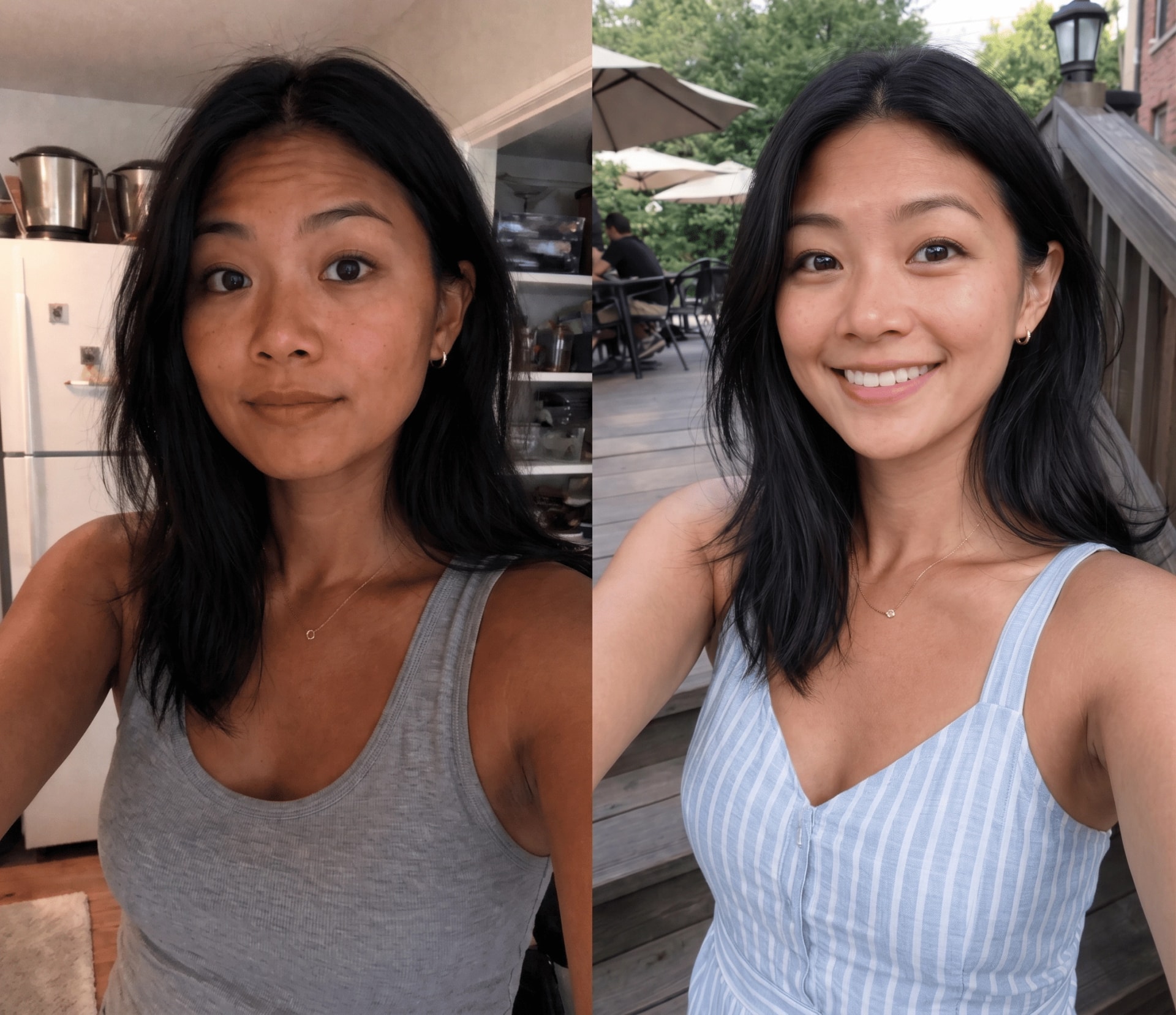 A split-screen image of a young Asian woman with long black hair, showing two different expressions and settings. On the left, she is indoors in a kitchen with a refrigerator and pots on a shelf, wearing a gray tank top and making a neutral face. On the right, she is outdoors on a deck or patio, wearing a blue and white striped tank top and smiling.
