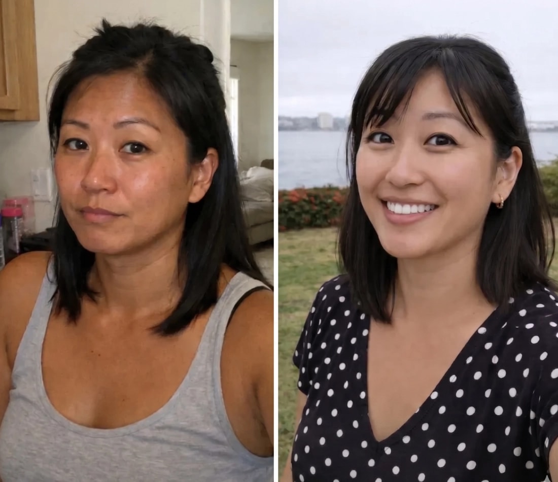 A split-screen image of a woman with dark hair and brown eyes, shown before and after getting makeup done, with a neutral expression on the left and a smile on the right